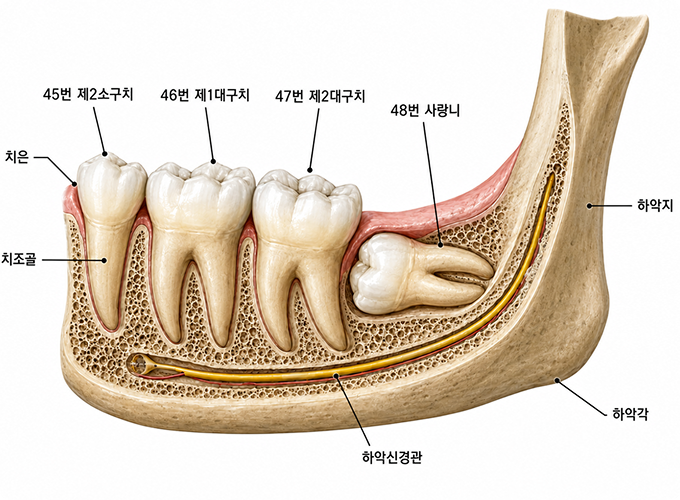 수평 매복 사랑니와 아래턱 신경관 위치를 보여주는 치아 단면 그림